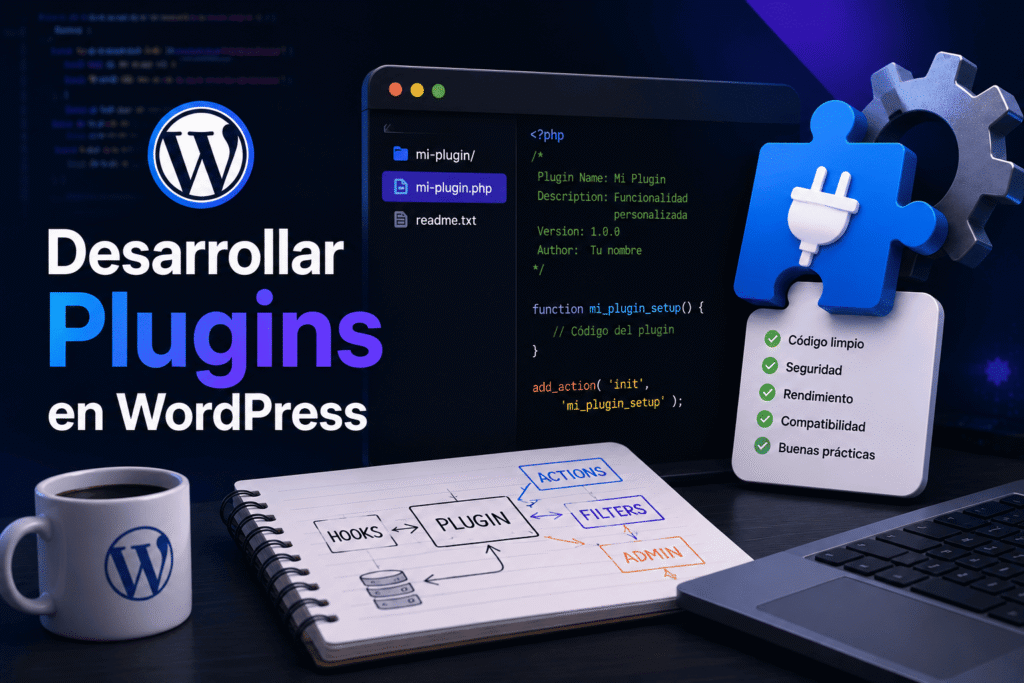 Desarrollo de plugins en WordPress mostrando estructura de archivos, código PHP y buenas prácticas