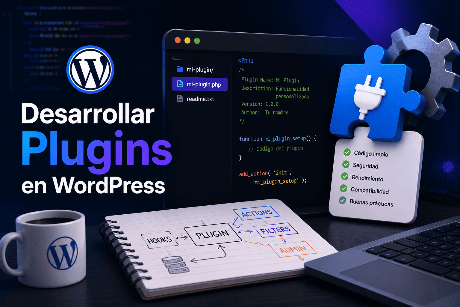 Desarrollo de plugins en WordPress mostrando estructura de archivos, código PHP y buenas prácticas
