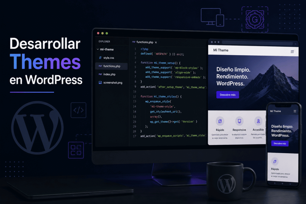 Desarrollo de themes WordPress mostrando estructura de archivos y diseño responsive