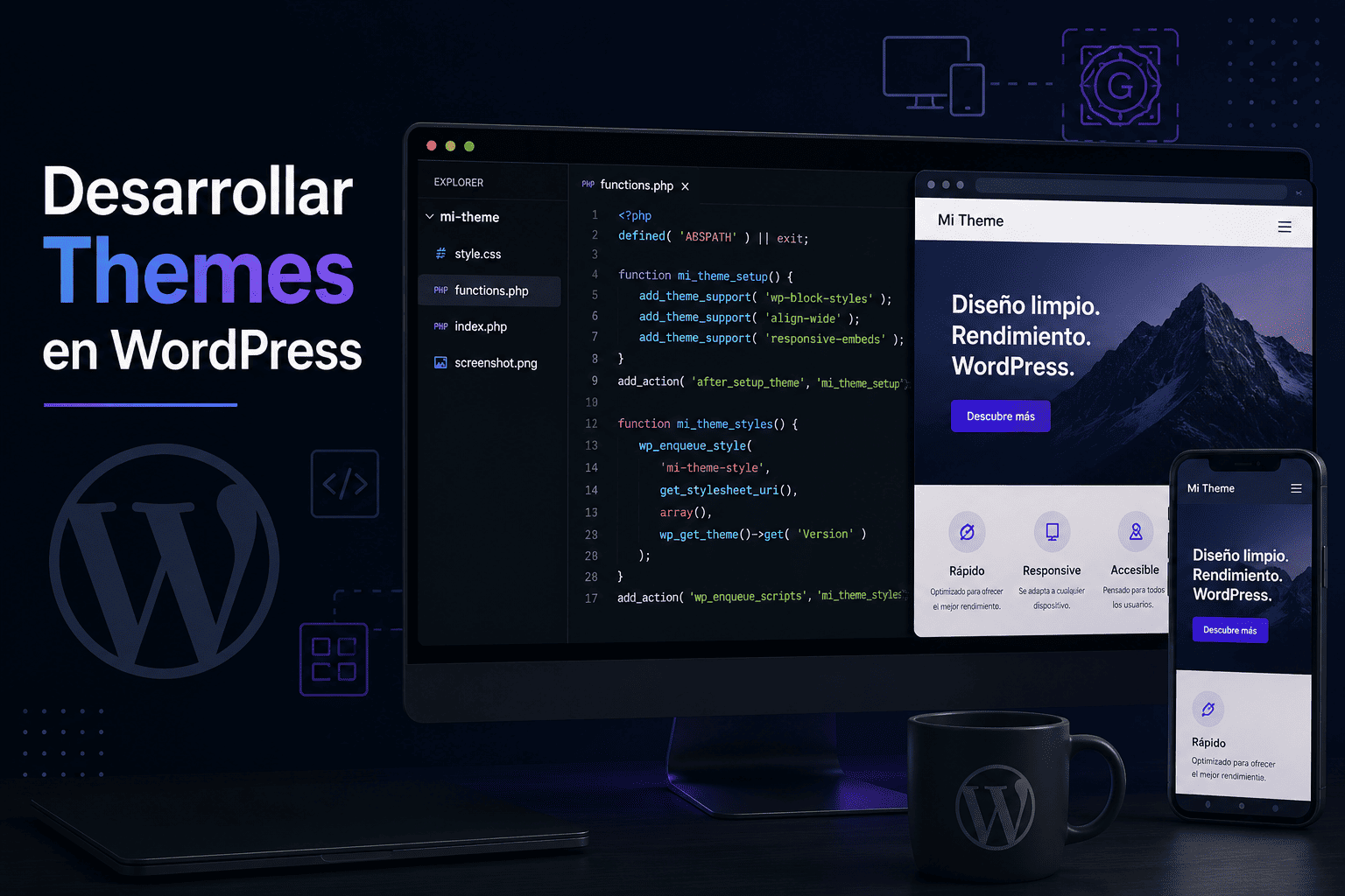 Desarrollo de themes WordPress mostrando estructura de archivos y diseño responsive